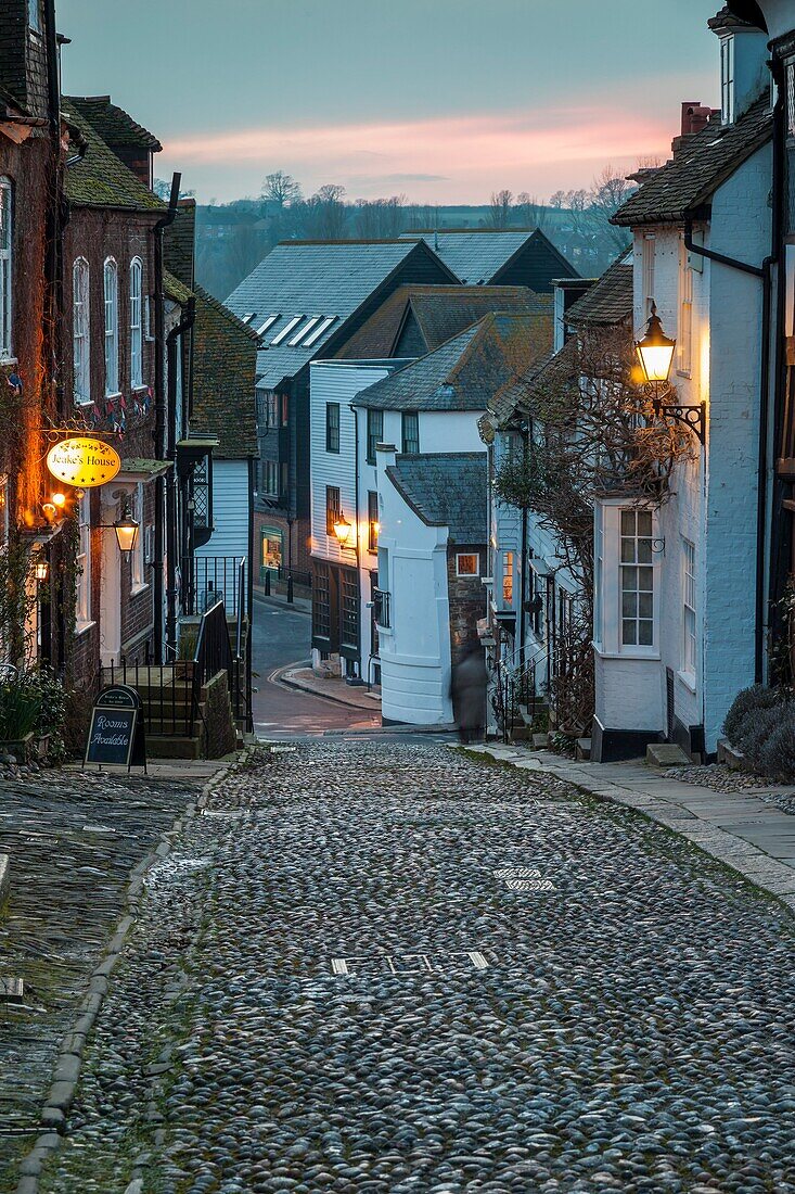 Evening on the iconic Mermaid Street in Rye, East Sussex, England