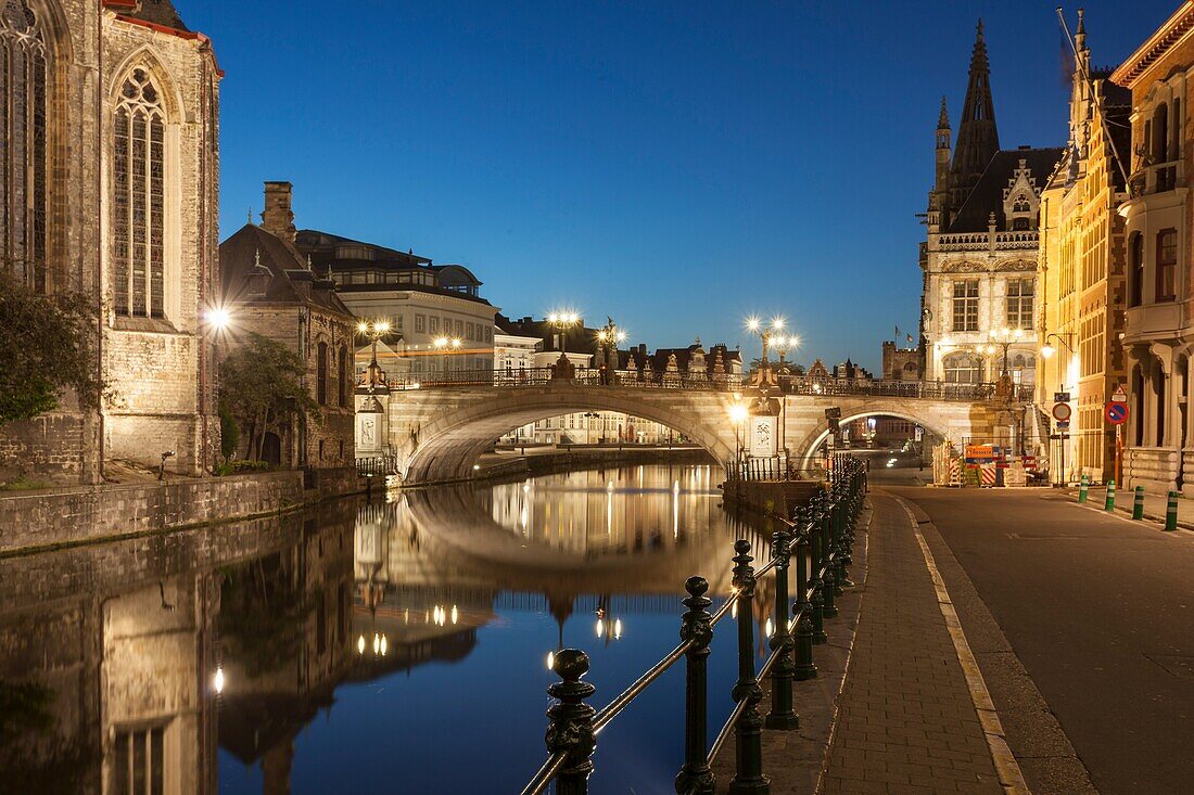 Night falls at St Michael's Bridge in Ghent old town, Belgium.
