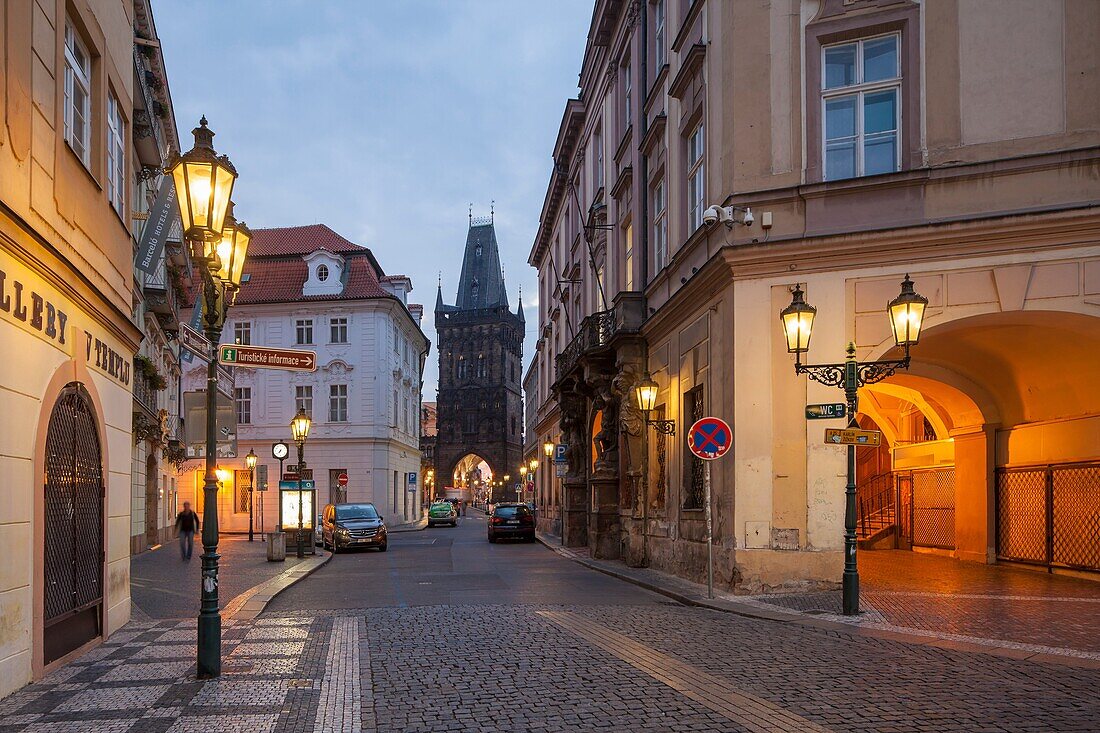 Dawn in Prague old town, Czech Republic. Powder Tower in the distance.