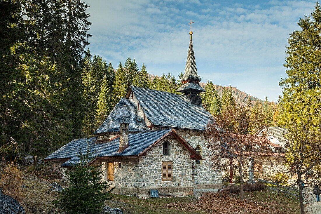 Iconic church at lake Braies (Pragser Wildsee), South Tyrol, Italy.