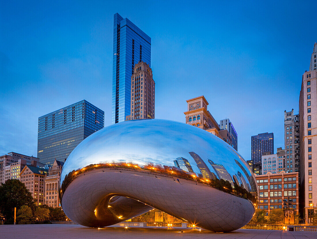 Cloud Gate is a public sculpture by Indian-born British artist Anish Kapoor, that is the centerpiece of AT&T Plaza at Millennium Park in the Loop community area of Chicago, Illinois. The sculpture and AT&T Plaza are located on top of Park Grill, between t