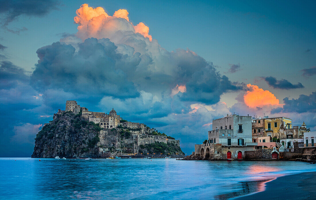 Castello Aragonese is a medieval castle next to Ischia (one of the Phlegraean Islands), at the northern end of the Gulf of Naples, Italy. The castle stands on a volcanic rocky islet that connects to the larger island of Ischia by a causeway (Ponte Aragone