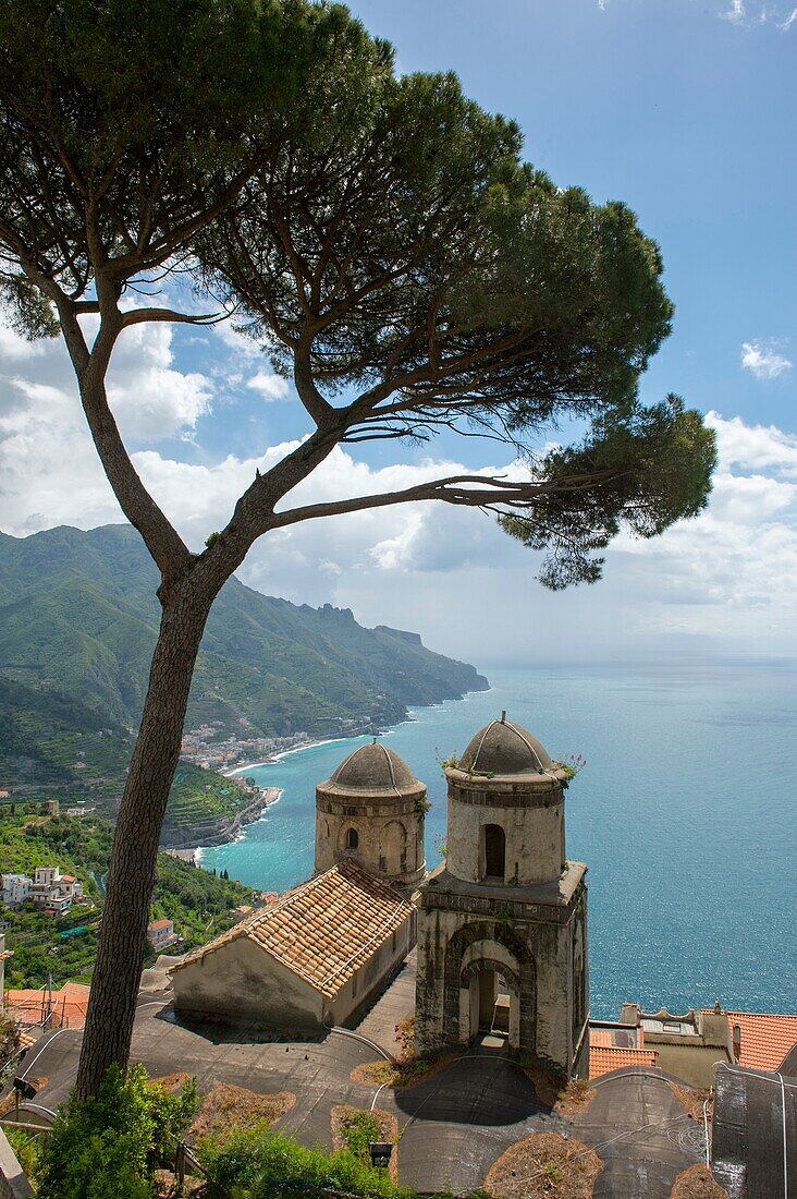 View of the Mediterranean Sea and Umbrella pine tree from the garden of Villa Rufolo in Ravello on the Amalfi Coast, Italy.