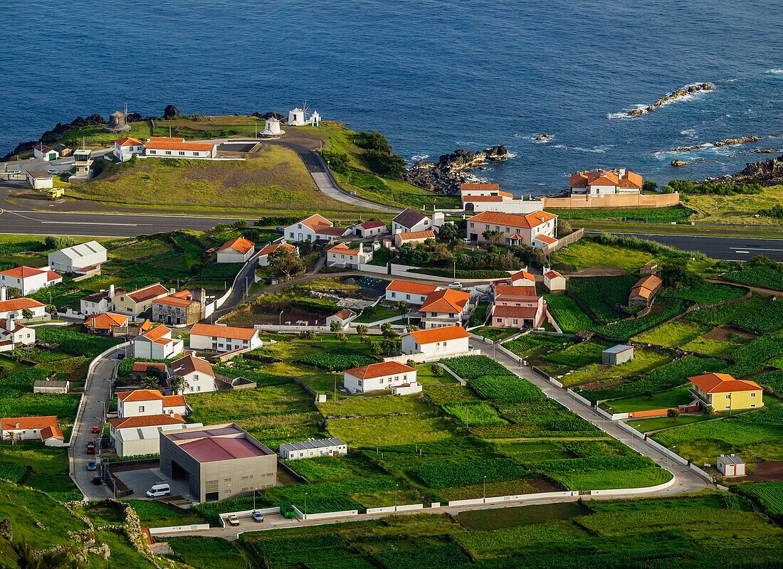 Portugal, Azores, Corvo, Elevated view of the Vila do Corvo.