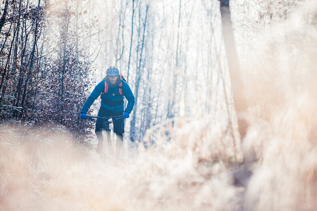 Junger Mann fährt mit seinem Fahrrad durch einen mit Frost bedeckten Wald, Allgäu, Bayern, Deutschland