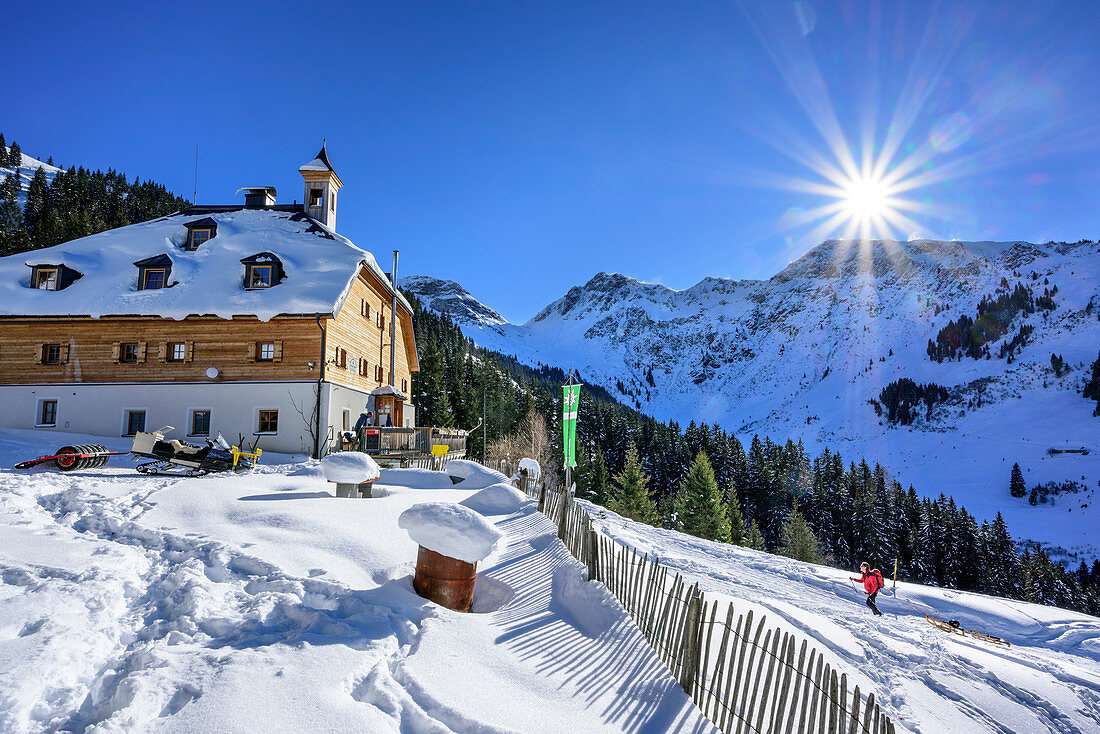 Snow covered hut Bochumer Huette, Kitzbuehel Alps, Tyrol, Austria