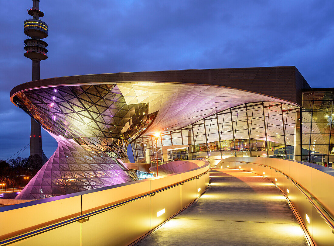 BMW-Welt, BMW world at night with tower of Fernsehturm in background, Munich, Upper Bavaria, Bavaria, Germany