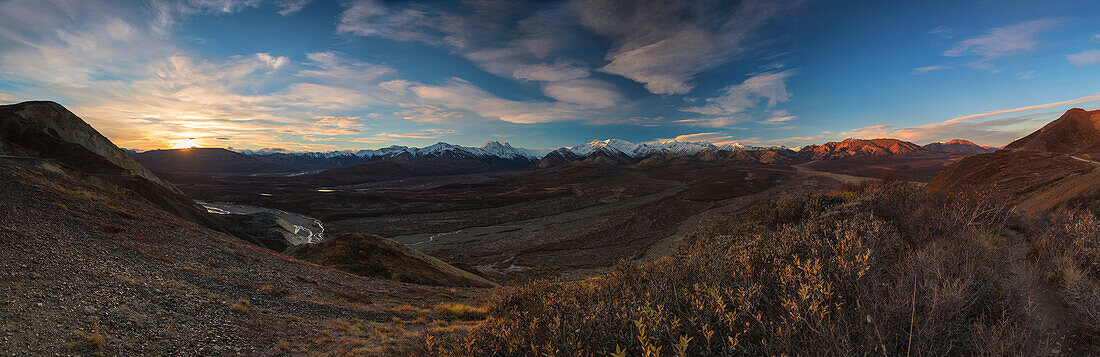'Sunrise in Denali National Park seen from Polychrome Pass overlook; Alaska, United States of America'