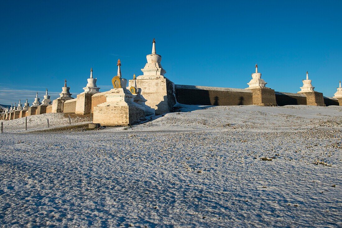 Stupas around Erdene Zuu monastery in Kharakhorum (Karakorum), Mongolia after a snow fall.