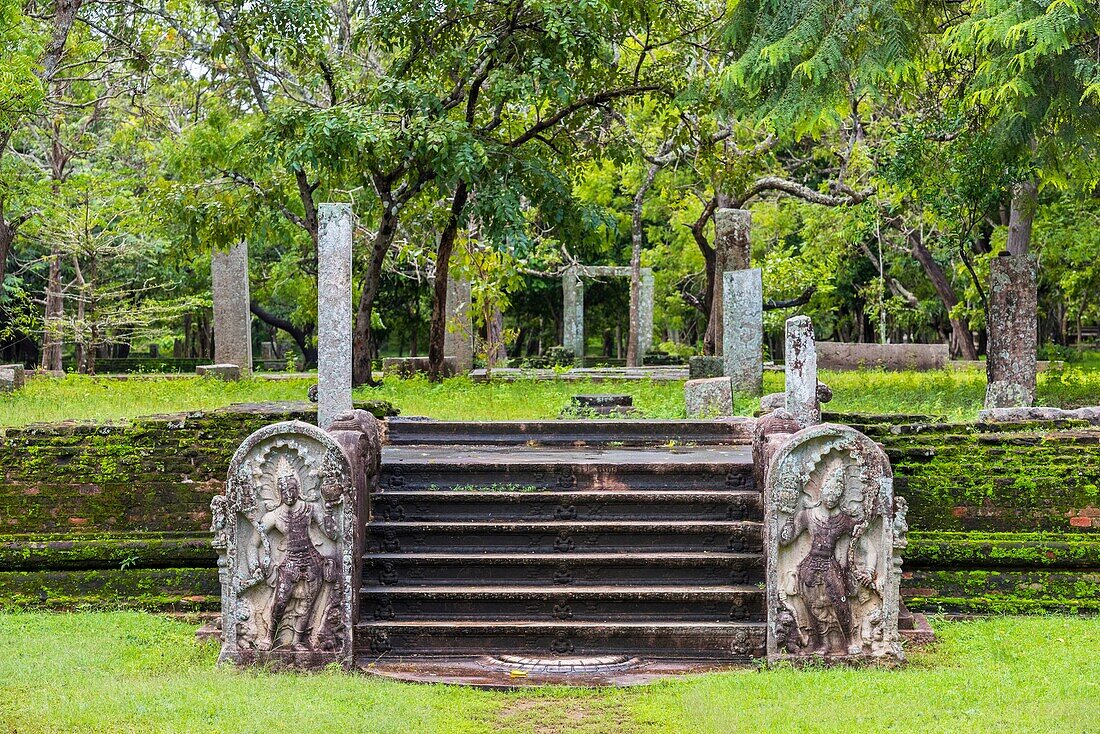 Nagaraja-Wachsteine ??an den Ruinen des Kloster-Wohnkomplexes, Ahbayagiri-Kloster, Sakrale Stadt Anuradhapura, Nord-Zentral-Provinz, Sri Lanka, Asien.
