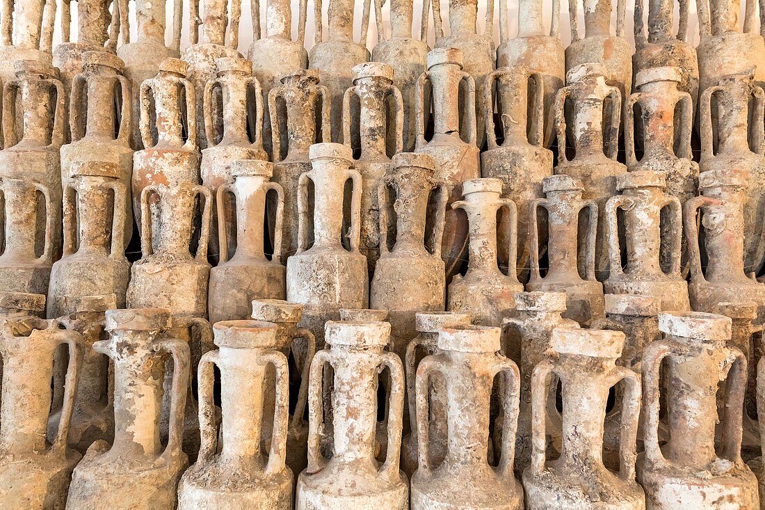 Antique amphoras, Museum of Roman ship, Albenga, Province of Savona, Liguria, Italy.