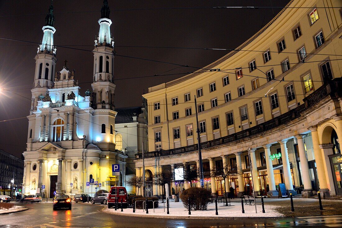 City center of Warsaw at night, Church of the Holiest Saviour, plac Zbawiciela, Saviour Square, Srodmiescie Poludniowe, Warsaw, Poland, Europe