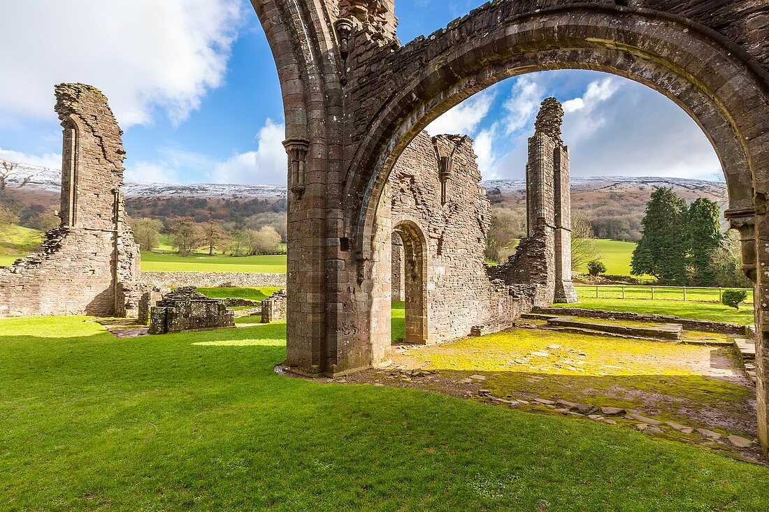 Ruined chapel of Llanthony Priory, Vale of Ewyas, Black Mountains, Brecon Beacons National Park, Monmouthshire, Wales, United Kingdom, Europe.
