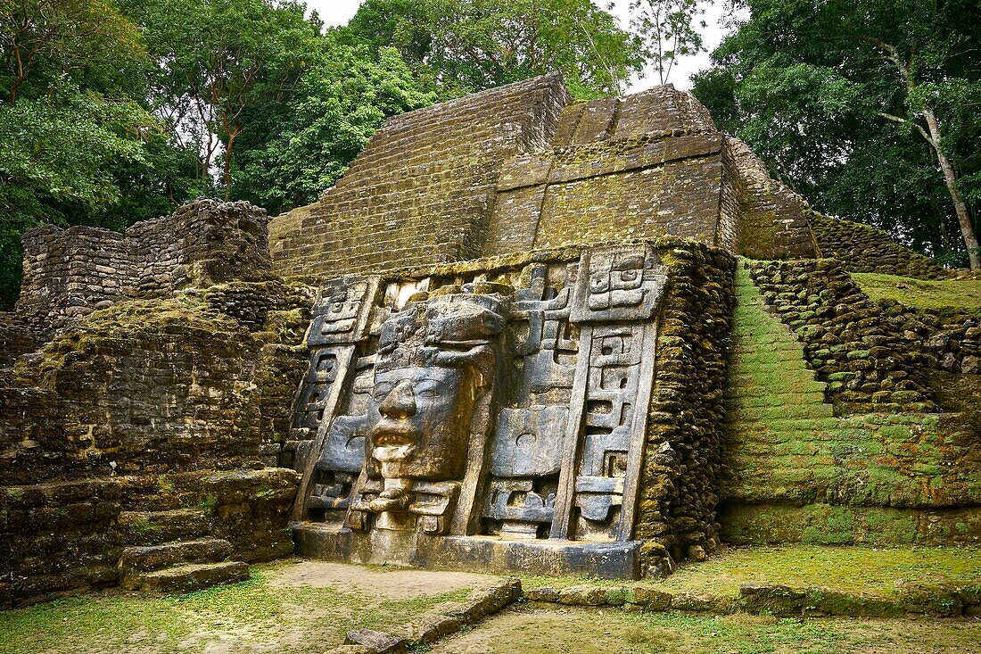 Mask Temple, Ancient Maya Ruins, Lamanai, Belize.