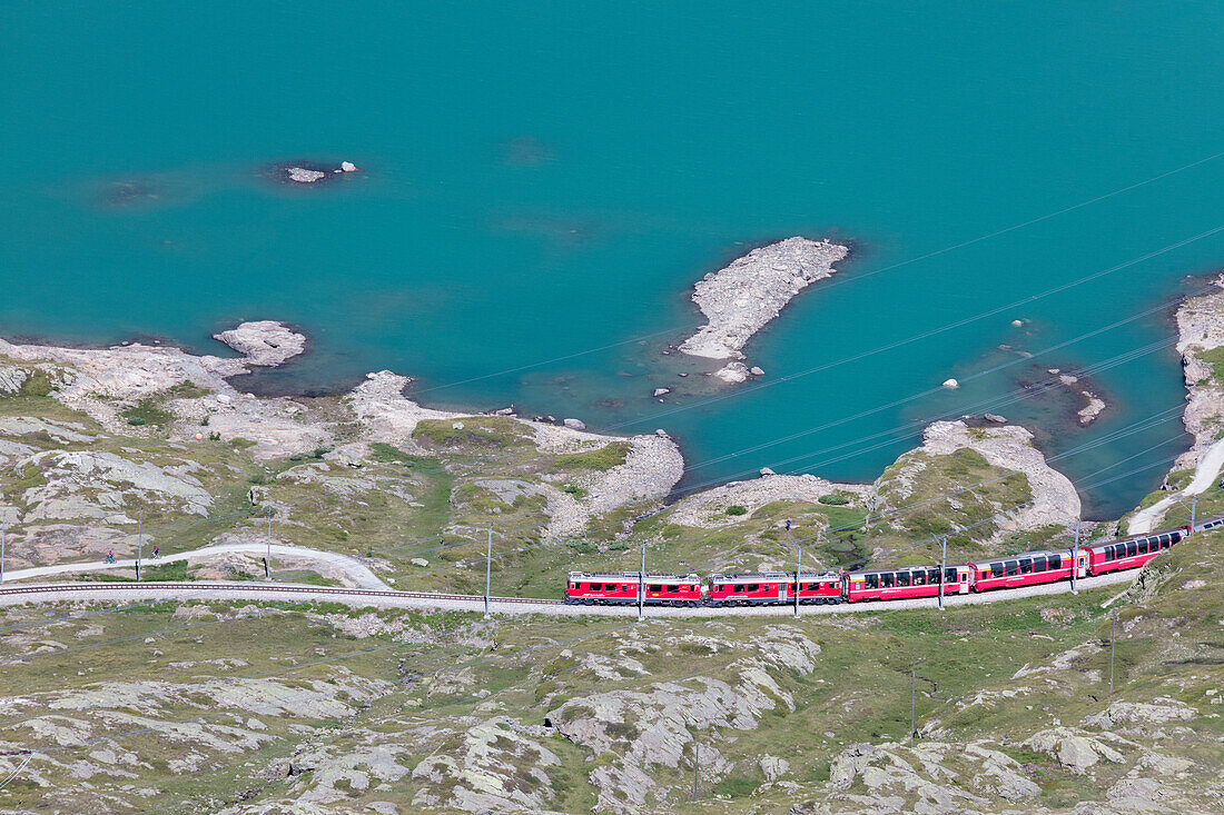 The Bernina Express train passes on the shores of Lago Bianco, Bernina Pass, Canton of Graubunden, Engadine, Switzerland, Europe