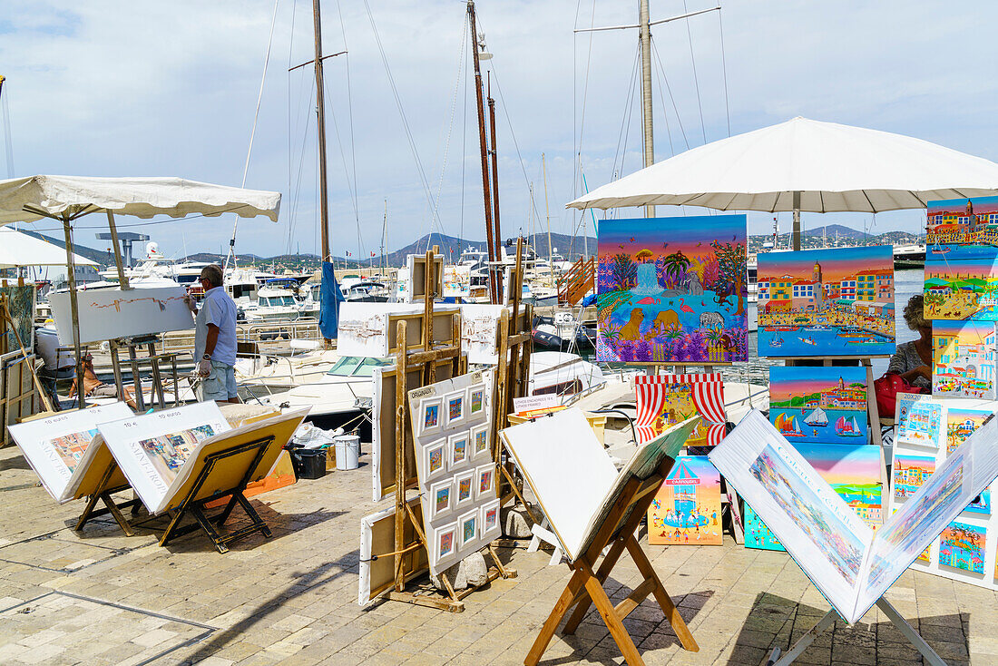 Art for sale by the harbour, Saint Tropez, Var, Cote d'Azur, Provence, France, Europe