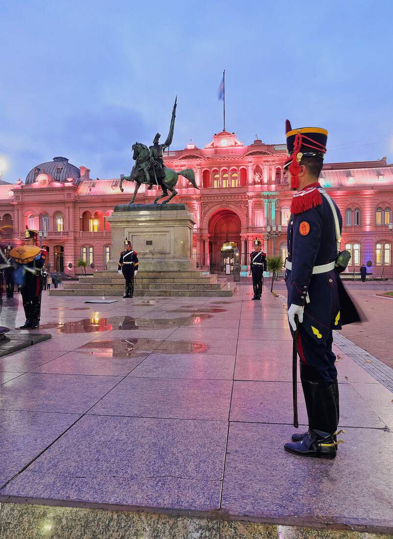 Twilight view of the Casa Rosada on Plaza de Mayo, City of Buenos Aires, Buenos Aires Province, Argentina, South America