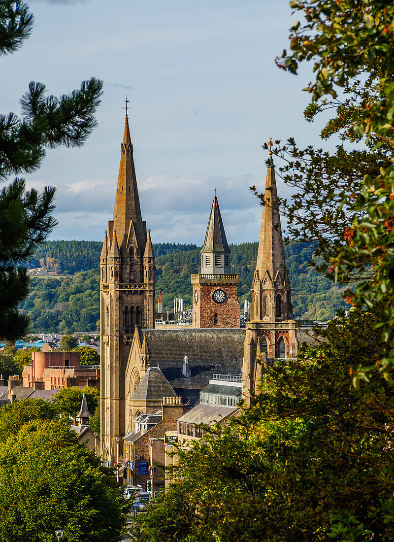 Elevated view of the Church Towers, Inverness, Highlands, Scotland, United Kingdom, Europe