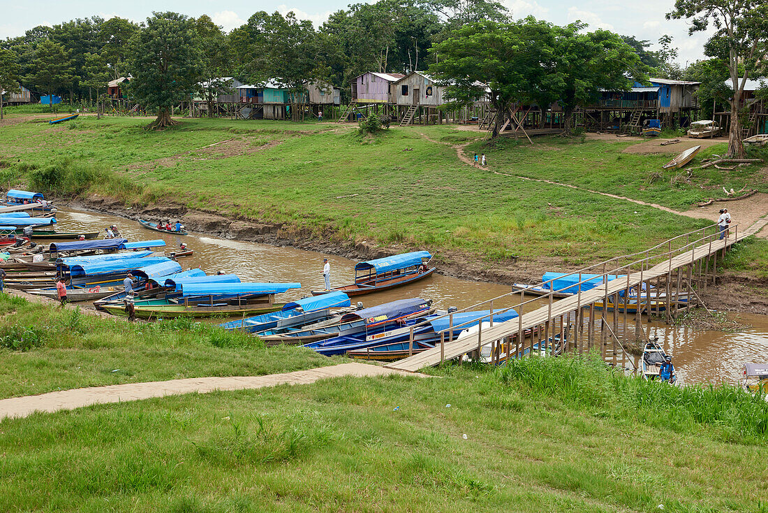 View over port of Leticia, where boats leave for local communities in the rainforest, Leticia, Colombia, South America