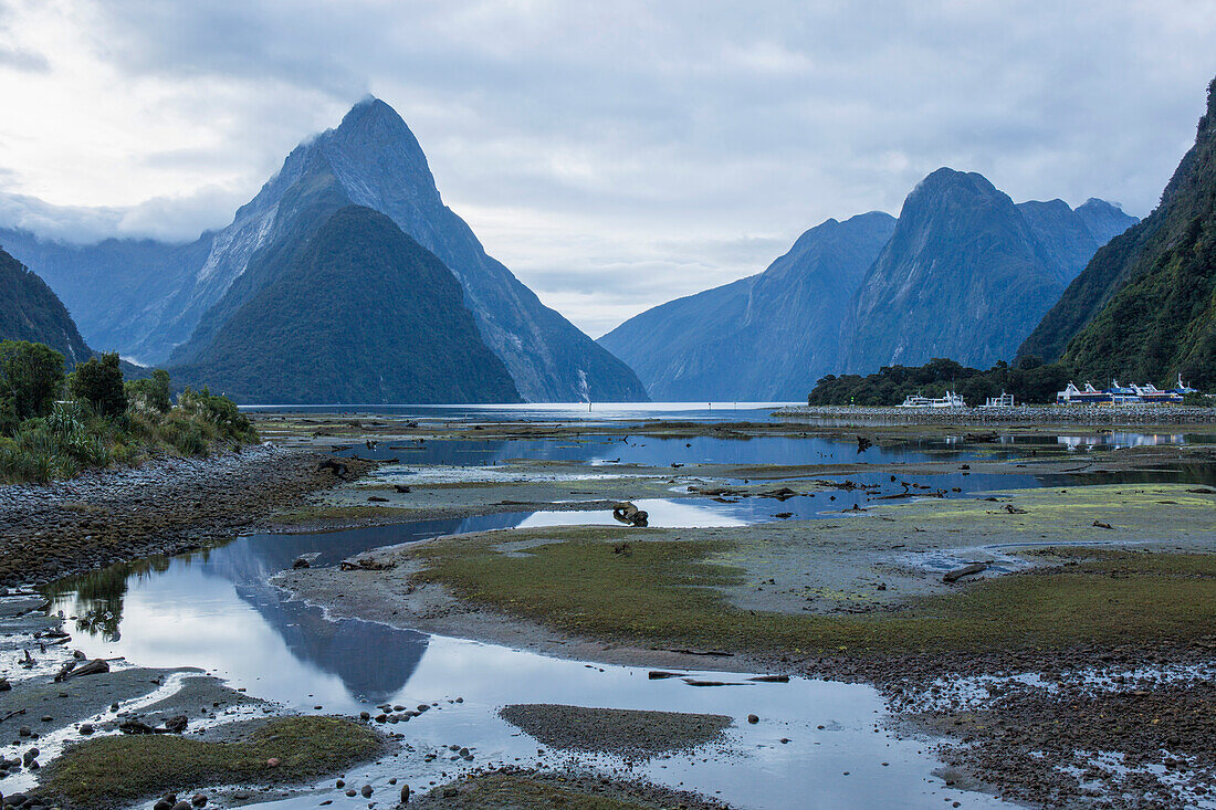 View of Milford Sound at low tide, Mitre Peak reflected in pool, Milford Sound, Fiordland National Park, UNESCO World Heritage Site, Southland, South Island, New Zealand, Pacific