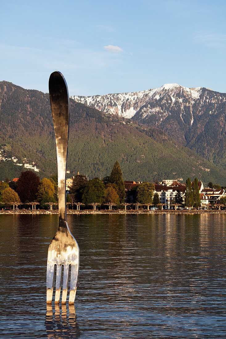 Giant fork sculpture from Alimentarium food museum, Lake Geneva (Lac Leman), Vevey, Vaud, Switzerland, Europe