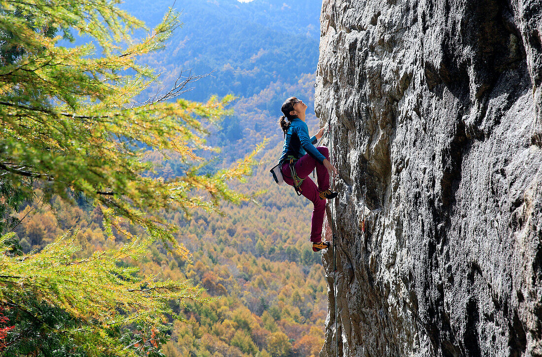 A woman rock climbing at Ogawayama, a mountain on the border of Nagano and Yamanashi prefectures, Honshu, Japan, Asia