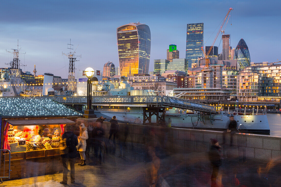 Christmas Market, The Scoop and The City of London skyline, South Bank, London, England, United Kingdom, Europe