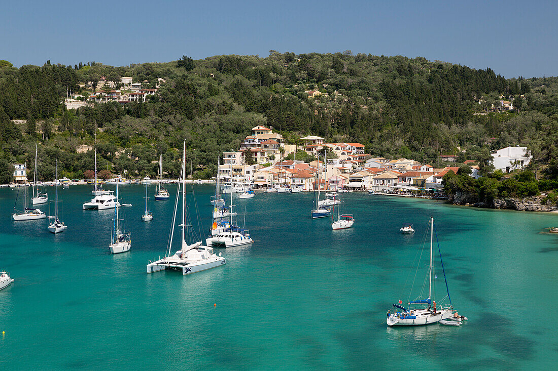 Yachts anchored in bay, Lakka, Paxos, Ionian Islands, Greek Islands, Greece, Europe