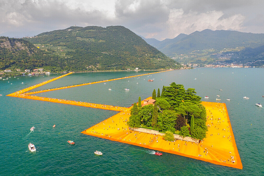 Aerial view of The Floating Piers in Iseo Lake , Italy, Europe
