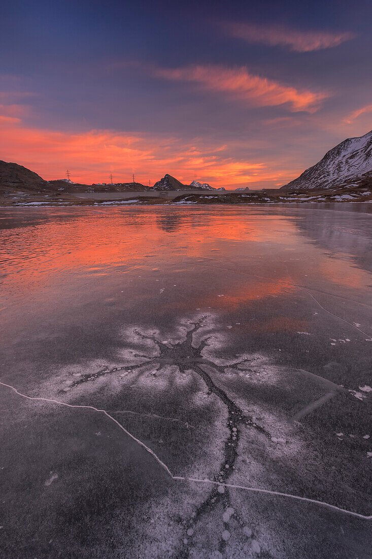 Lej Nair, Bernina Pass, Switzerland, Sunset on a frozen lake