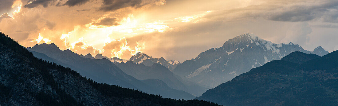 Overview of Mont Blanc seen from Ozein at sunset, Ozein, Aosta Valley, Italy