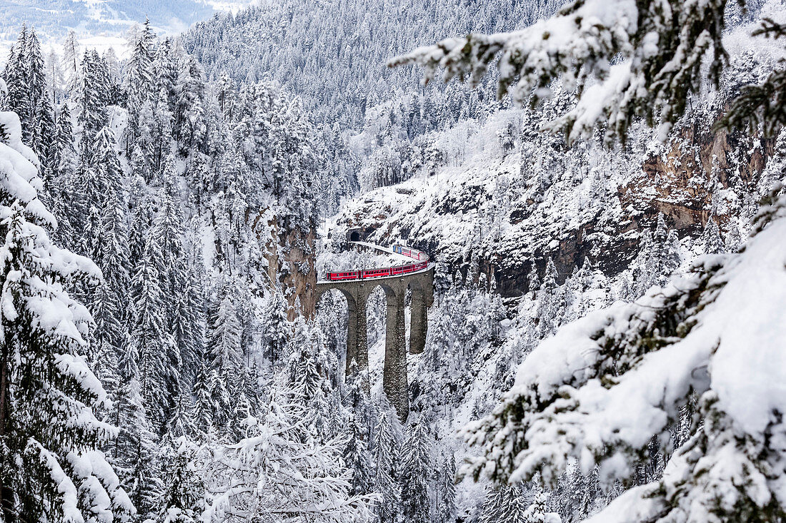 The Bernina Express red train as it passes over the Landwasser bridge, Filisur, Graubunden, Switzerland, Europe