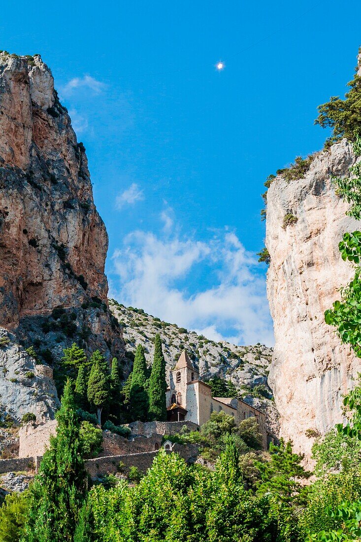 France, Provence, near Gorges du Verdon, Moustier, Sainte, Marie, medieval church located in the mountain top