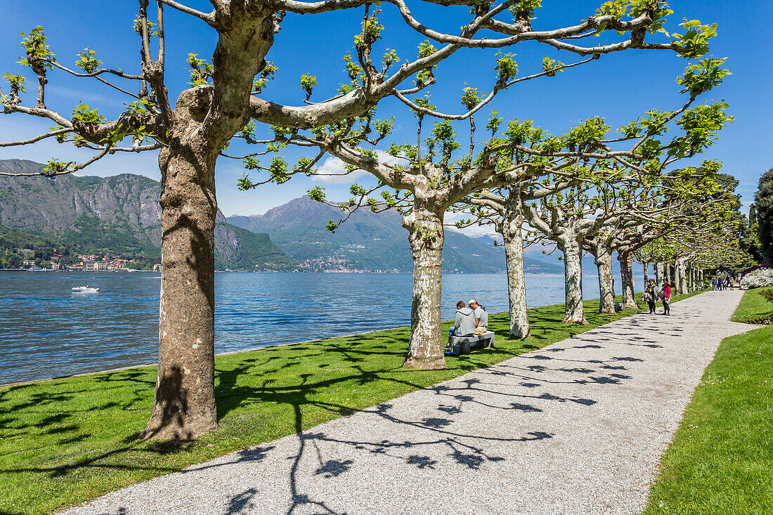 Tourists visiting the gardens of Villa Melzi d'Eril in Bellagio, on the shores of Lake Como, Lombardy, Italy