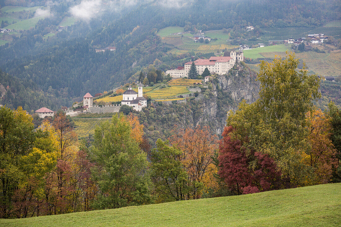 View of Sabiona Monastery and its vineyards, Chiusa, Val d'Isarco, Bolzano, Trentino Alto Adige , Sudtirol, Italy, Europe