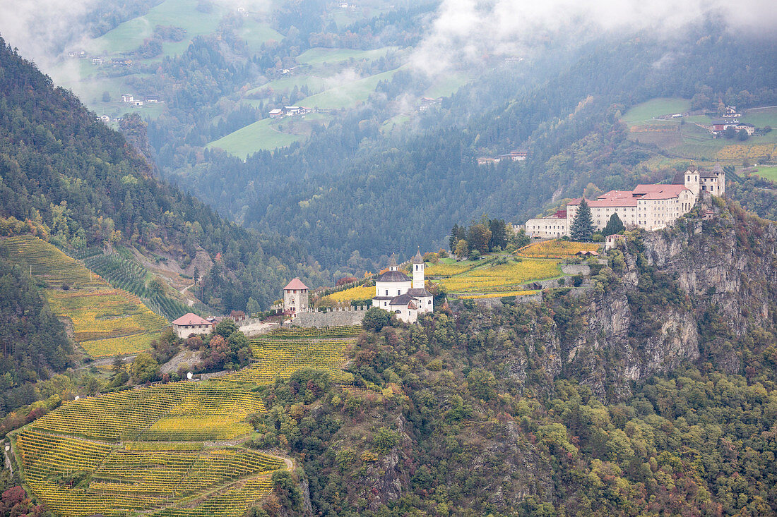 View of Sabiona Monastery and its vineyards, Chiusa, Val d'Isarco, Bolzano, Trentino Alto Adige , Sudtirol, Italy, Europe