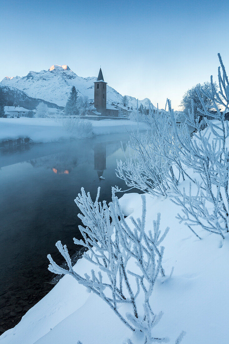 Foggy sunrise in winter, Sils Maria, Sils im Engadin, Graubunden, Switzerland