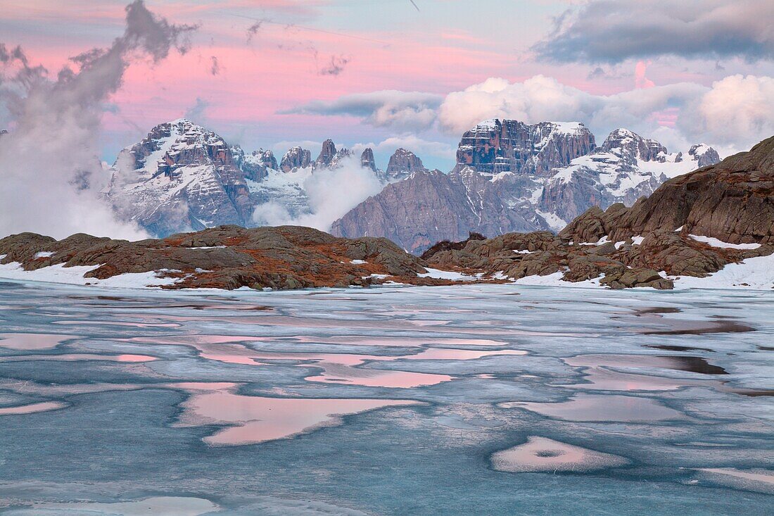 Nero lake, Adamello Brenta natural park, Trentino, Alto Adige, Italy, The Black lake, a natural balcony with views of the Brenta Dolomites during the thaw