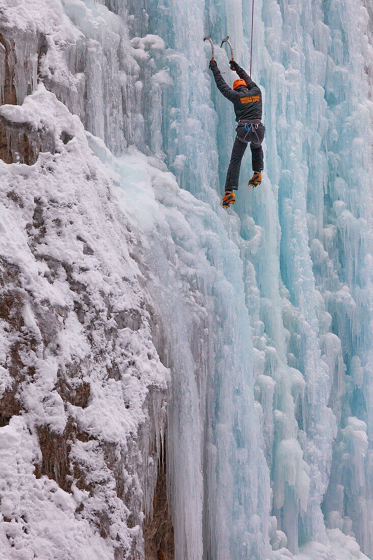 Ice climbing in Serrai of Sottoguda, Rocca Pietore, Veneto, Belluno, Italy