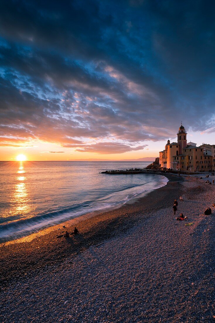 Camogli, Liguria, Italy, Sunset over Camogli shore