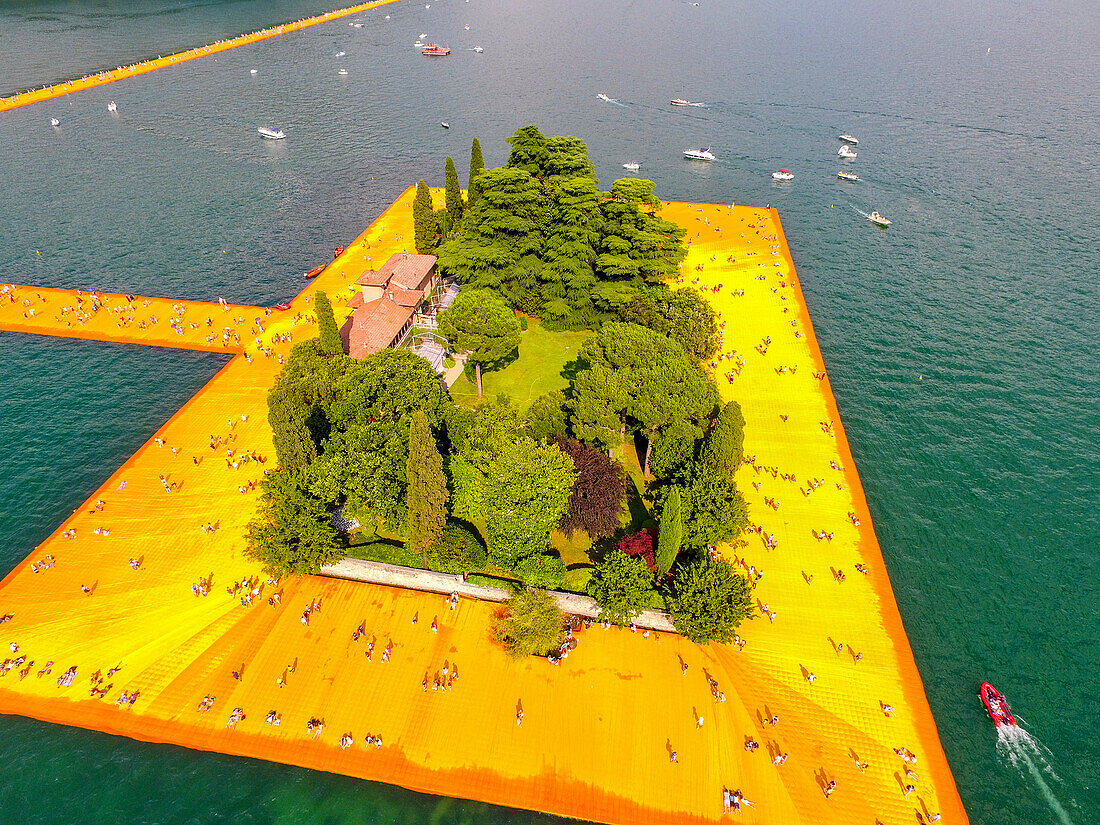Europe, Italy, The floating piers in iseo lake, province of Brescia