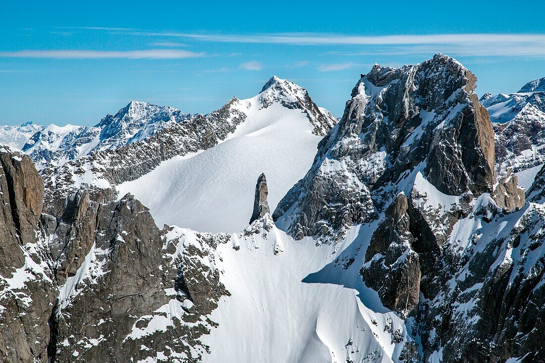 Aerial view of Pizzo Torrone with its famous granitic needle, Valmasino, Valtellina Lombardy Italy Europe