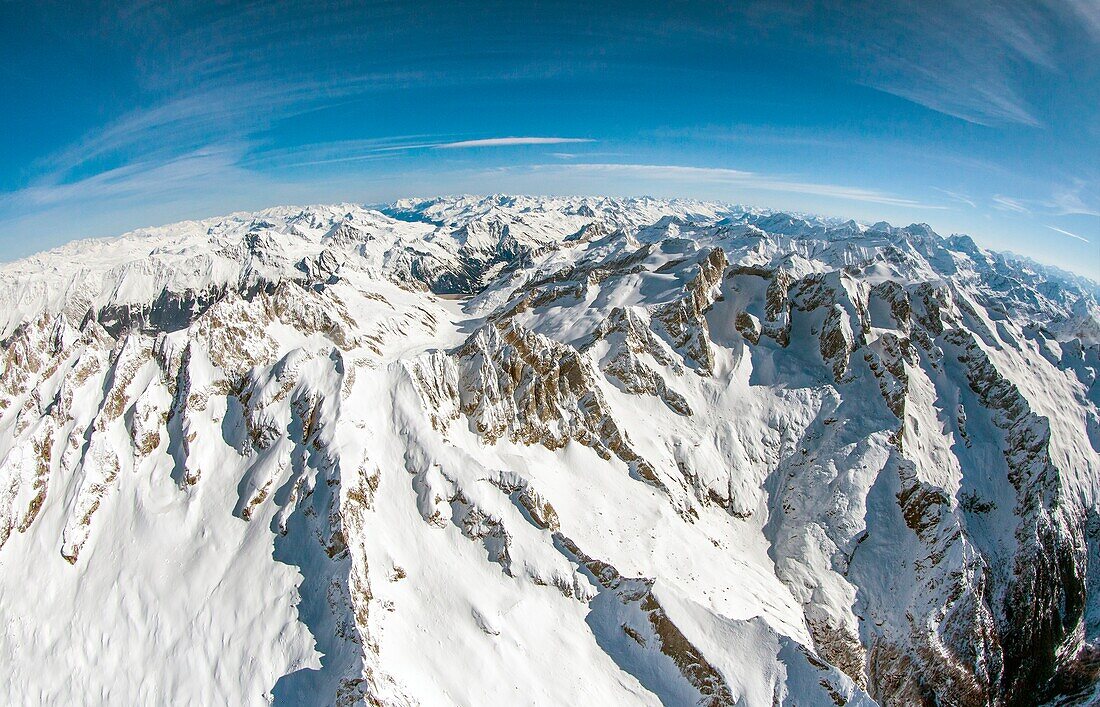 Wide angle shot of the peaks of Val Masino in winter, Val Masino, Valtellina Lombardy, Italy, Europe