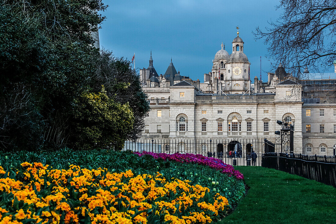 Flower garden in front of Horse Guards a large building in the Palladian style between Whitehall and Horse Guards Parade, London United Kingdom Europe