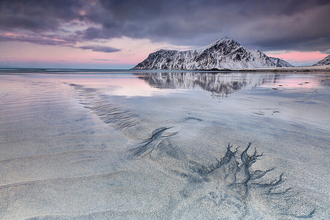 Pink sky on Skagsanden beach surrounded by snow covered mountains reflected in the cold sea, Lofoten Islands Norway Europe