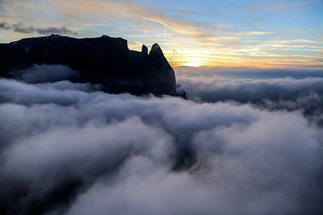 Aerial view of the high peaks at sunset, Sciliar Natural Park, Plateau of Siusi Alp, Dolomites Trentino Alto Adige, Italy Europe