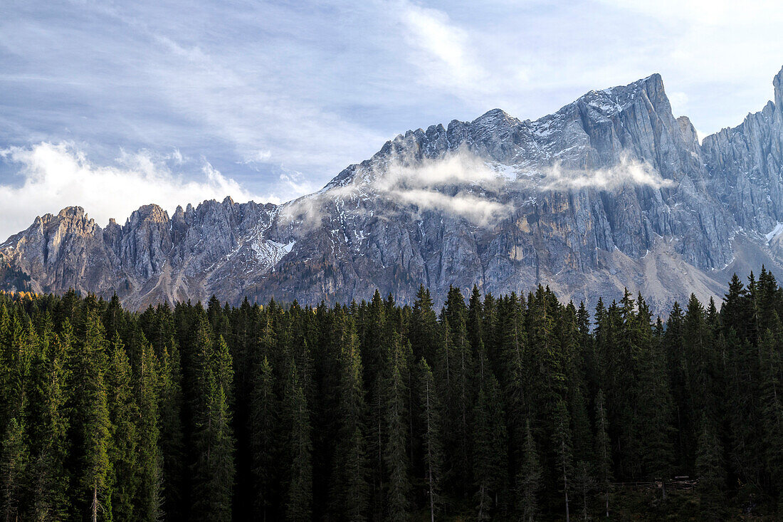 Latemar group seen from Lake Carezza, Fiemme Dolomites South Tyrol Trentino Alto Adige Italy