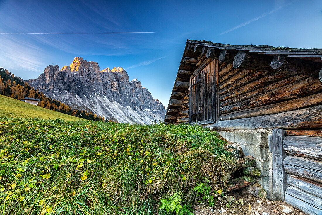 The group of Odle views from Malga Gampen at dawn, Funes Valley, Dolomites South Tyrol Italy Europe