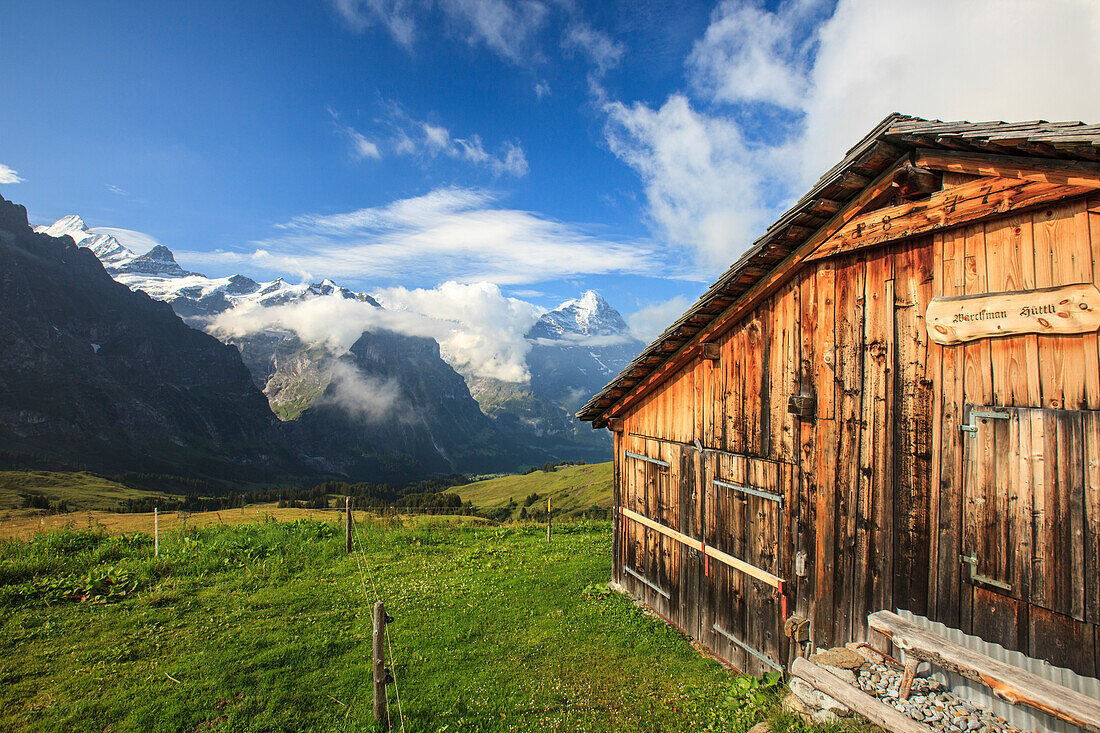 Wood hut with Mount Eiger in the background First Grindelwald Bernese Oberland Canton of Berne Switzerland Europe