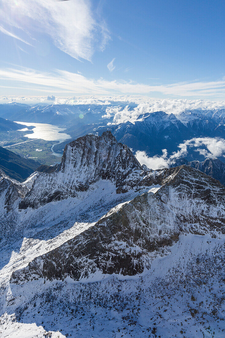 Aerial view of Sasso Manduino and Lake Como in the background Val Dei Ratti Chiavenna Valley Valtellina Lombardy Italy Europe